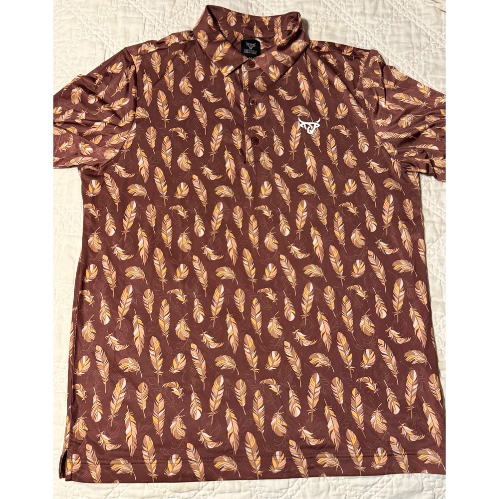 Lost Calf Polo Shirt Brown Feather Print Short Sleeve mens m Performance Stretch